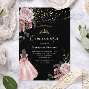 Princess Pink Floral Modern Quinceañera Invitation