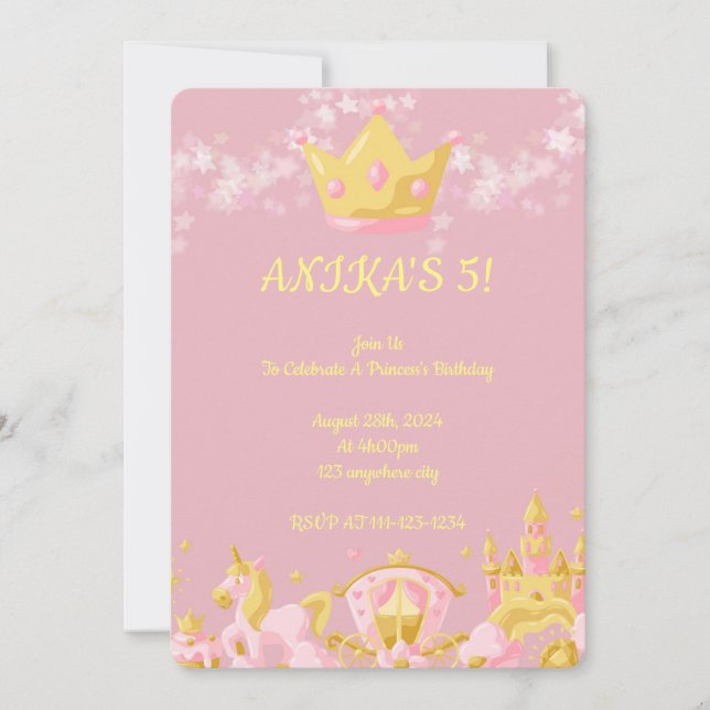 Princess pink girl birthday invitation  (Front)