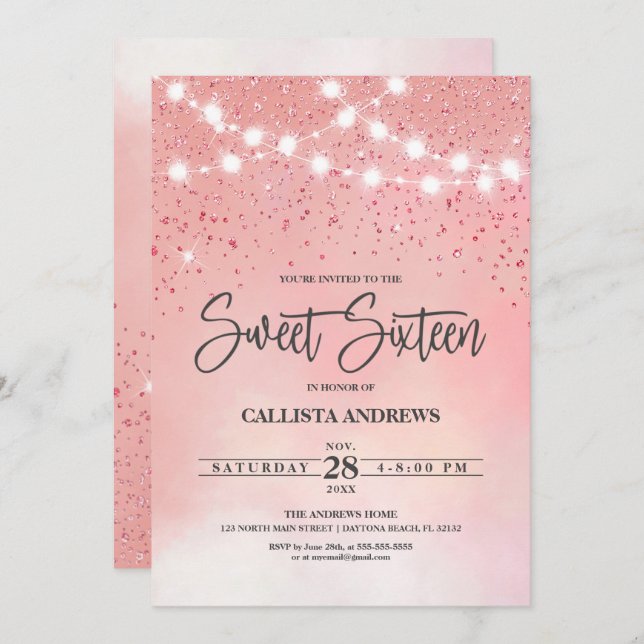 Princess Pink Glitter Sparkles Lights Sweet 16 Invitation (Front/Back)
