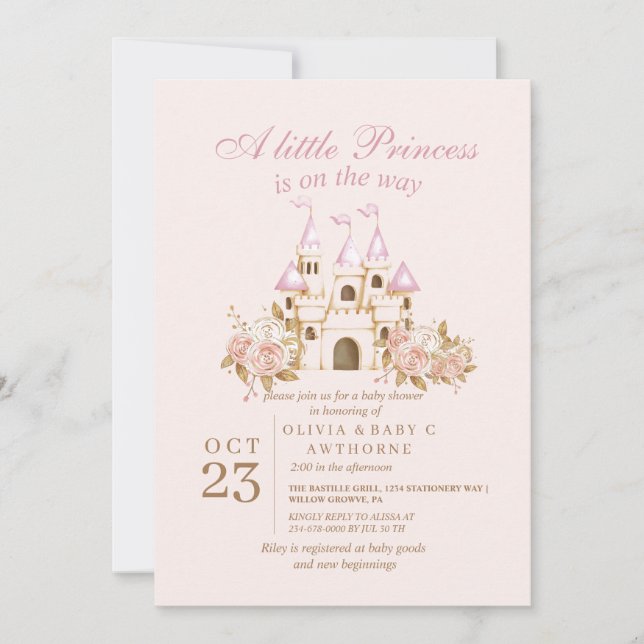  Princess Pink Gold Castle Baby Shower Invitation (Front)
