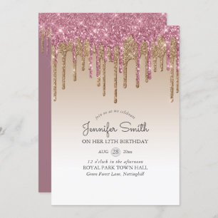Princess PINK GOLD Dripping Glitter 12th BIRTHDAY Invitation