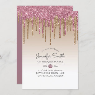 Princess PINK GOLD Dripping Glitter QUINCEANERA Invitation