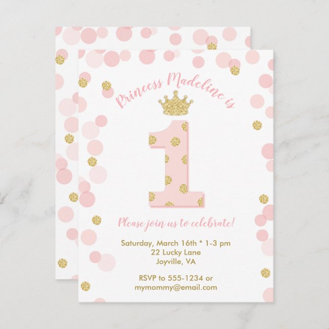 Princess Pink Gold Glitter 1st Birthday Invitation (Front/Back)