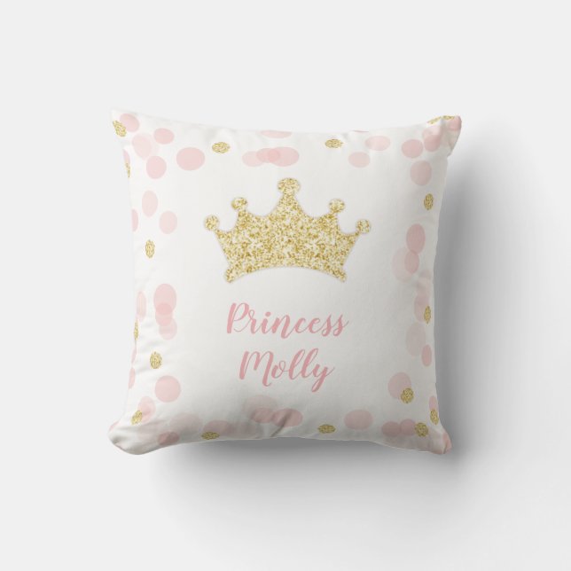 Princess Pink & Gold Glitter Crown Bedroom Nursery Cushion (Front)