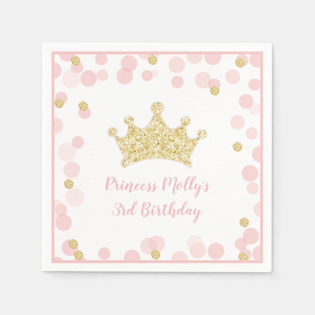 Princess Pink Gold Glitter Crown Birthday Napkin (Front)