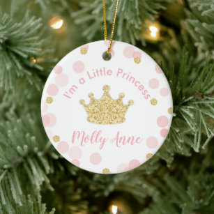 Princess Pink Gold Glitter Crown Confetti Dots Ceramic Tree Decoration