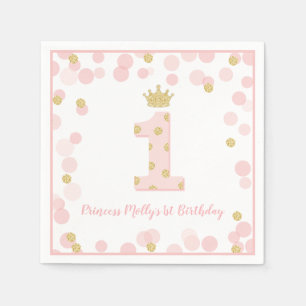 Princess Pink Gold Glitter Crown First Birthday Napkin