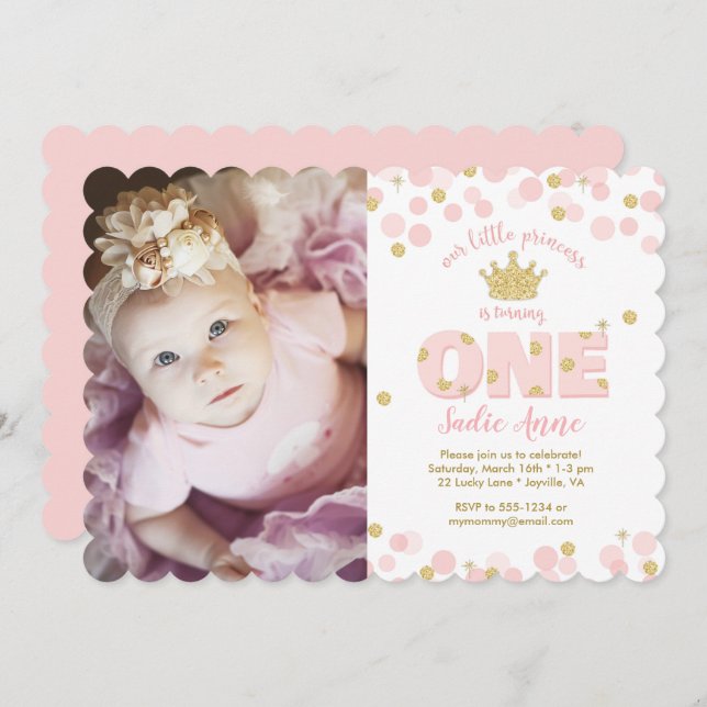 Princess Pink Gold Glitter First Birthday Invitation (Front/Back)