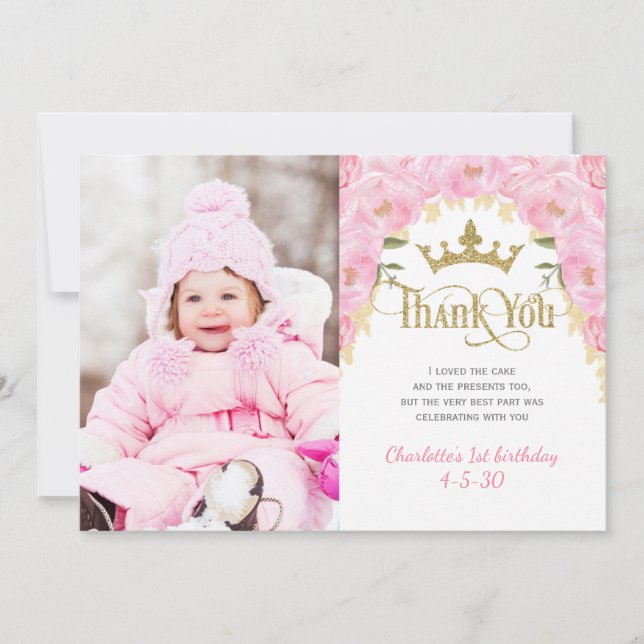 Princess Pink Gold Glitter Floral Thank You Card (Front)