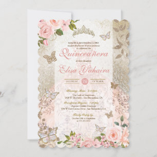 Princess Pink Gold Rose Butterfly Glam Quinceanera Invitation