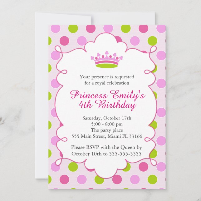 Princess Pink Green Girl Birthday Invitation (Front)