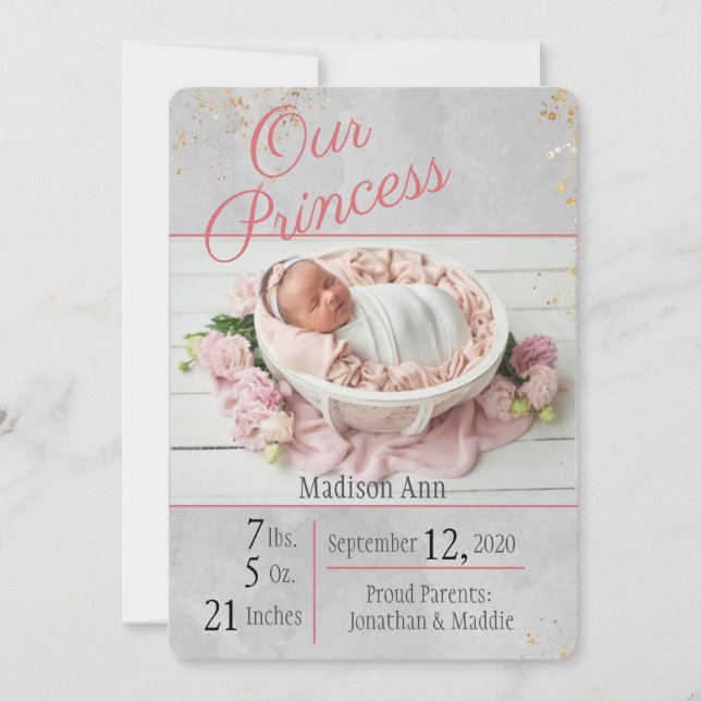 Princess Pink l Grey Baby Girl Birth Photo Birth Announcement (Front)