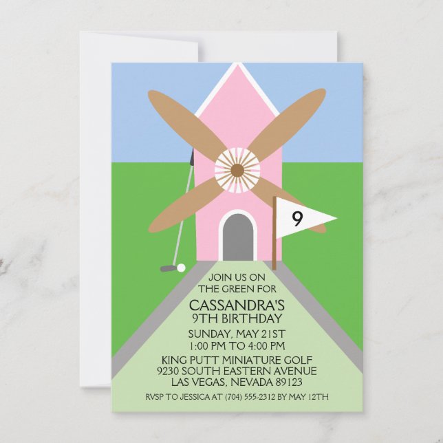 Princess Pink Miniature Golf Windmill Birthday Invitation (Front)