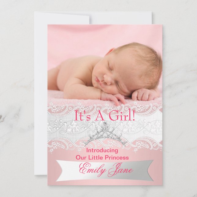 Princess Pink New Baby Girl Announcement Photo (Front)