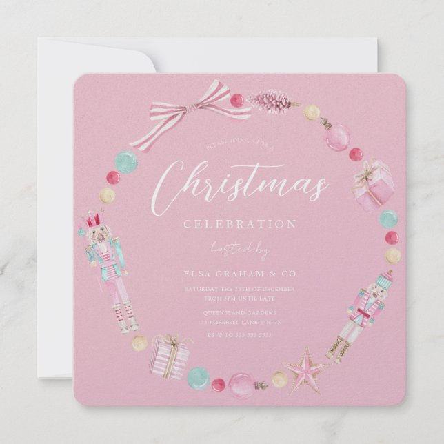 Princess Pink Nutcracker Wreath Christmas Party  Invitation (Front)