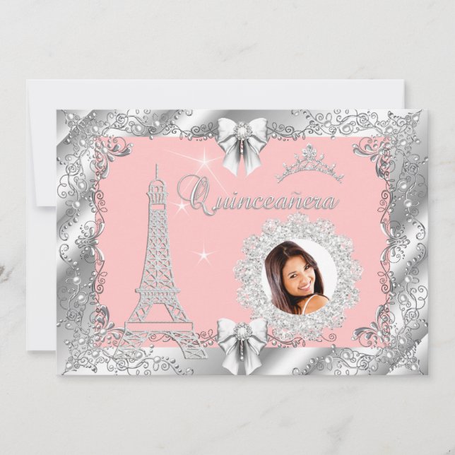 Princess Pink PEACH Quinceanera Silver Photo 2 Invitation (Front)