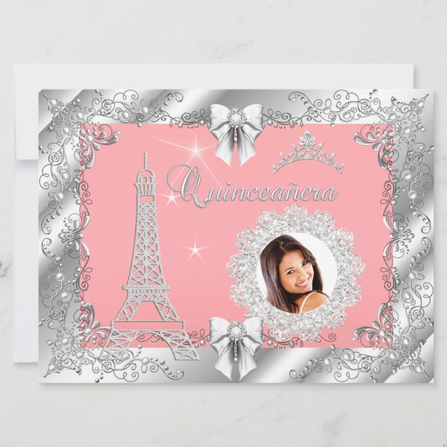 Princess Pink PEACH Quinceanera Silver Photo BIG Invitation (Front)