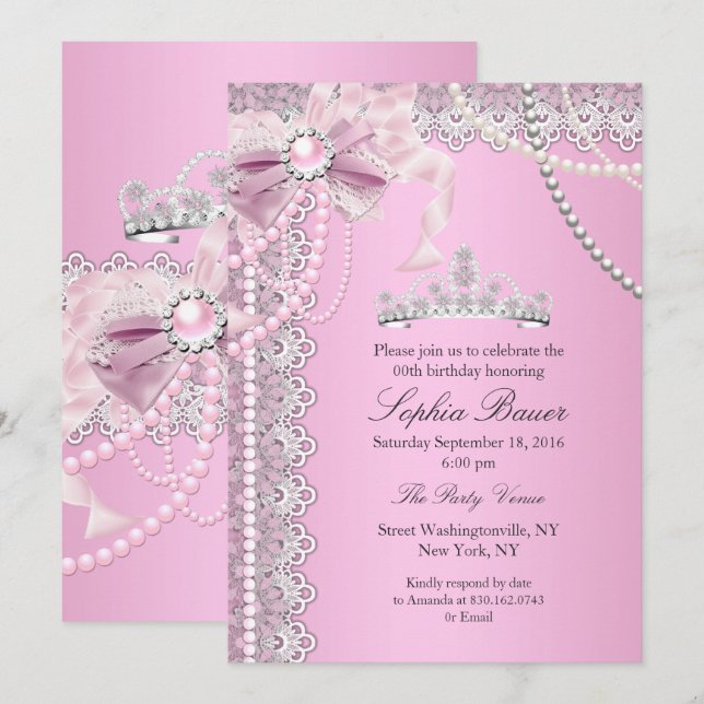 Princess Pink Pearl Bow Lace Birthday Party A Invitation (Front/Back)