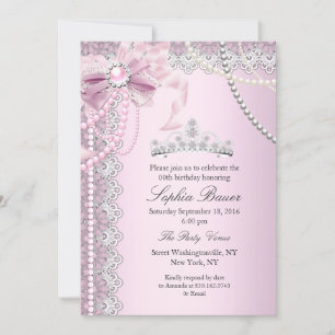 Princess Pink Pearl Bow Lace Birthday Party Invitation