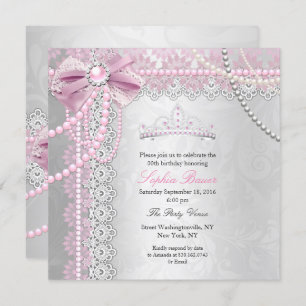 Princess Pink Pearl Bow Lace Silver Birthday Party Invitation