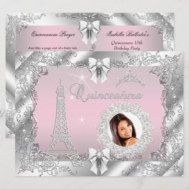 Princess Pink Quinceanera Silver Photo BIG Invitation (Front/Back)