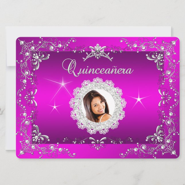 Princess Pink Quinceanera Silver Tiara Party Invitation (Front)