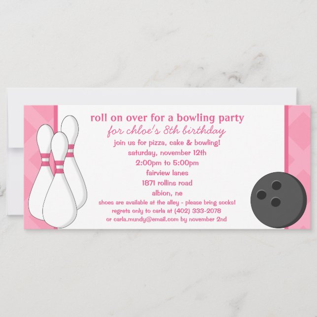 Princess Pink Roll on Over Bowling Birthday Party Invitation (Front)