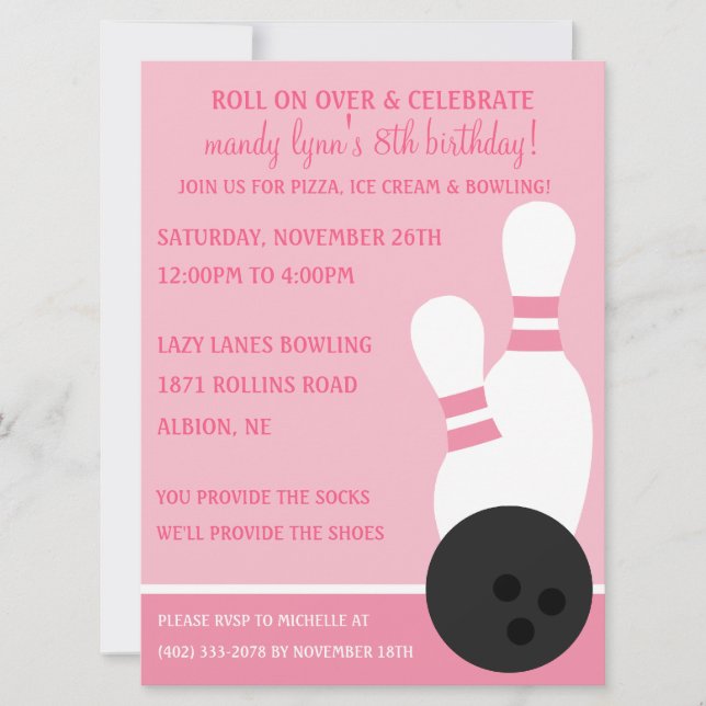 Princess Pink Roll On Over Bowling Birthday Party Invitation (Front)