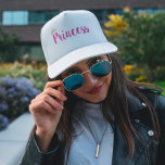 Princess Pink Script Font Crown Trucker Hat<br><div class="desc">Princess in bright pink script font with a golden yellow two-tone crown placed over the capital P of princess.</div>