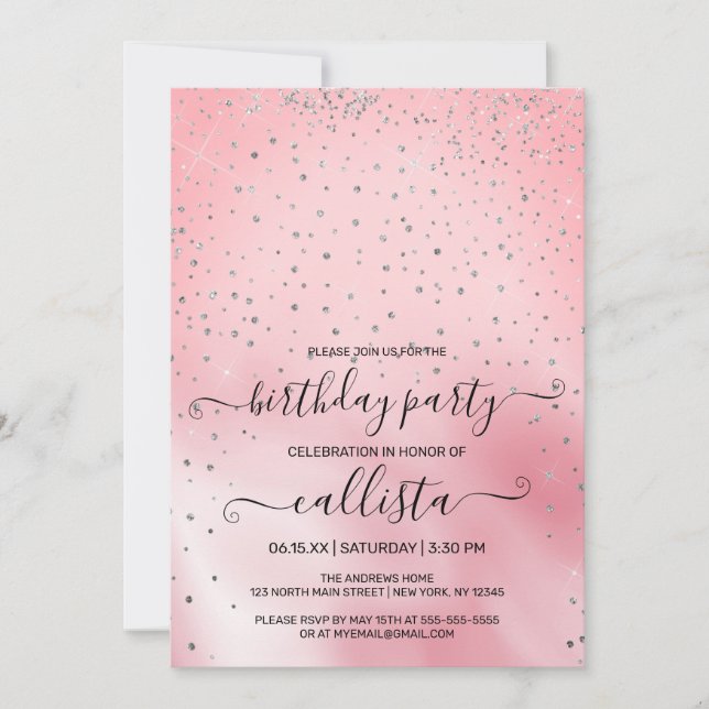 Princess Pink Silver Glitter Confetti Birthday Invitation (Front)