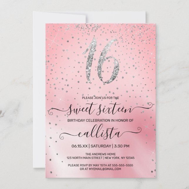 Princess Pink Silver Glitter Confetti Sweet 16 Invitation (Front)