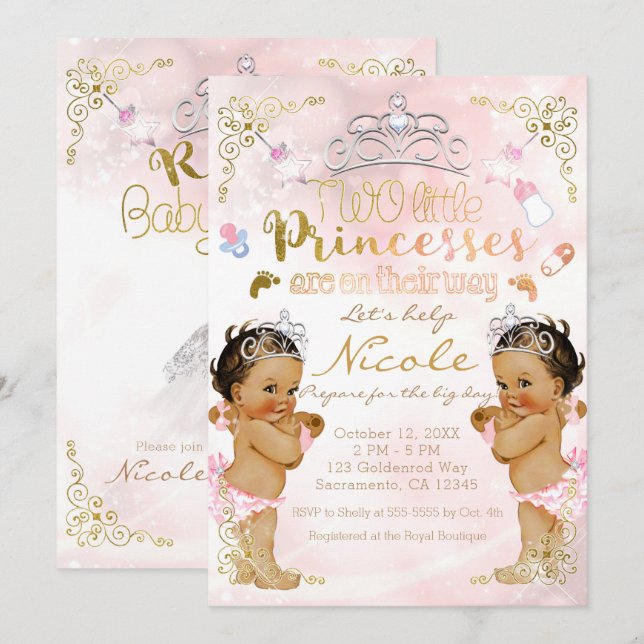 Princess Pink Sparkle Twin Girls Baby Shower Invitation (Front/Back)