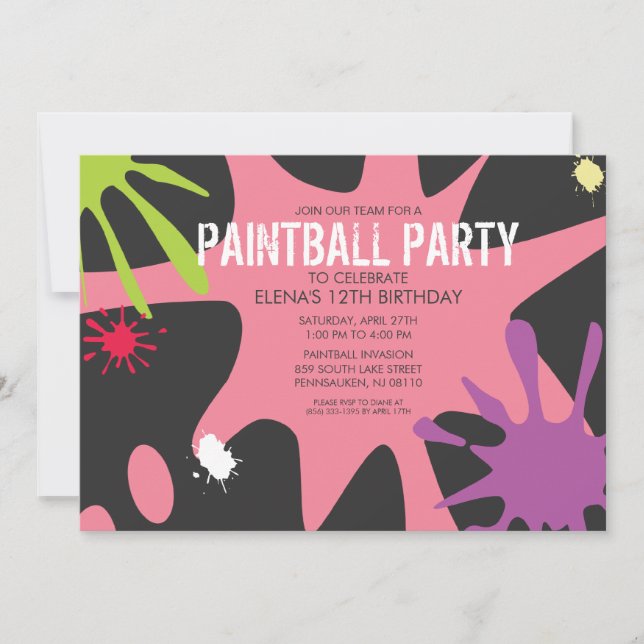 Princess Pink Split Splat Custom Paintball Party Invitation (Front)