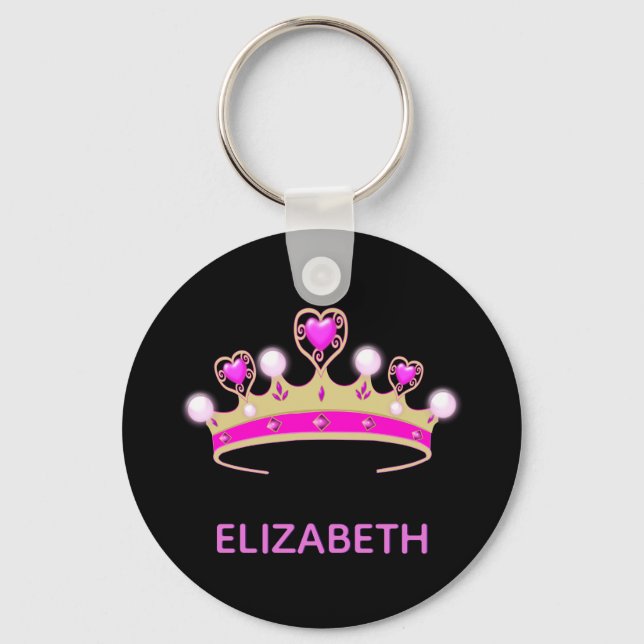 Princess pink tiara black name girl key ring (Front)