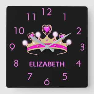 Princess pink tiara crown black name square wall clock