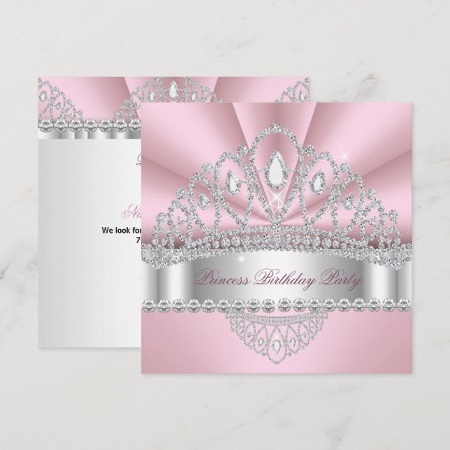 Princess Pink White Diamond Tiara Birthday Party Invitation (Front/Back)