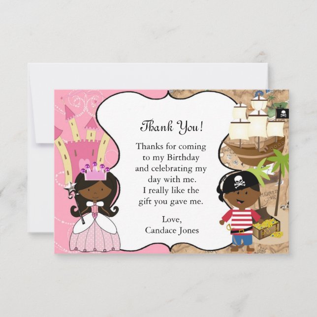 Princess & Pirate Party Dark Skin Thank You Card (Front)