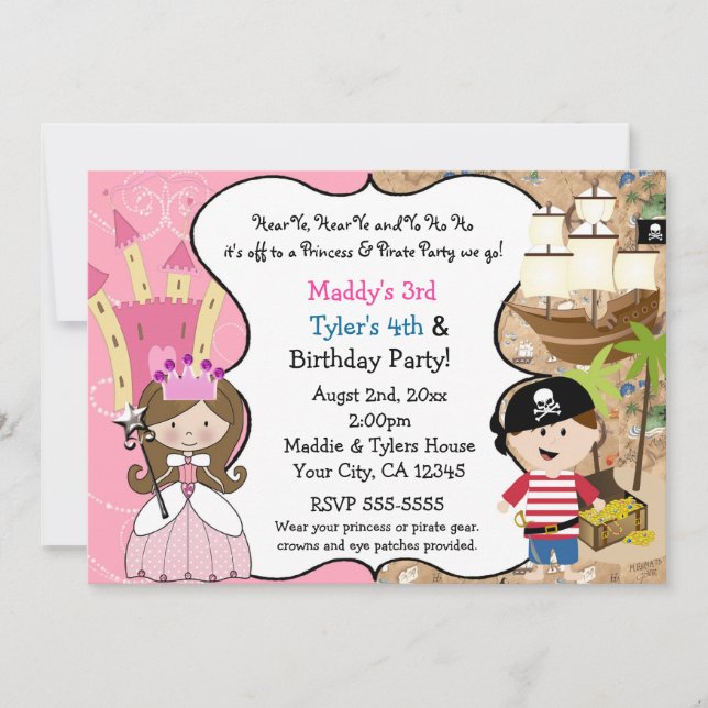 Princess & Pirate Party Invitations Brown Hair (Front)