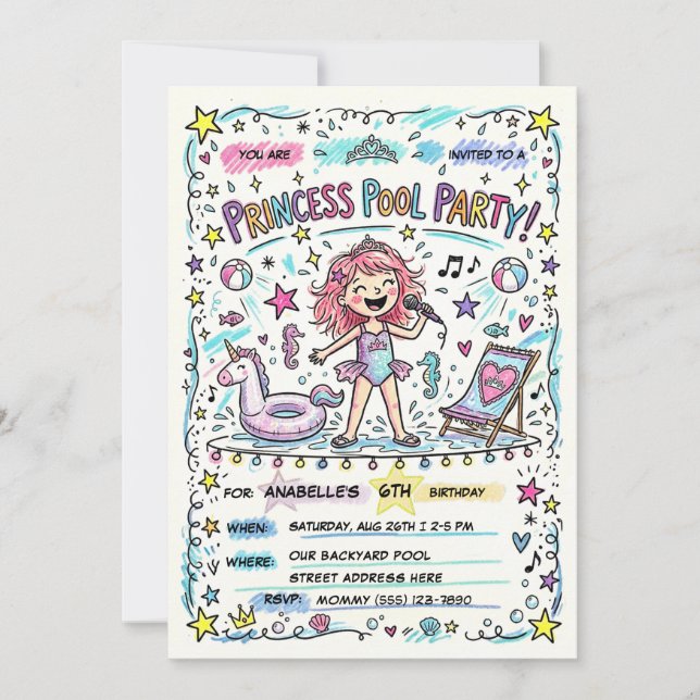 Princess Pool Pop Star Party Invitation (Front)