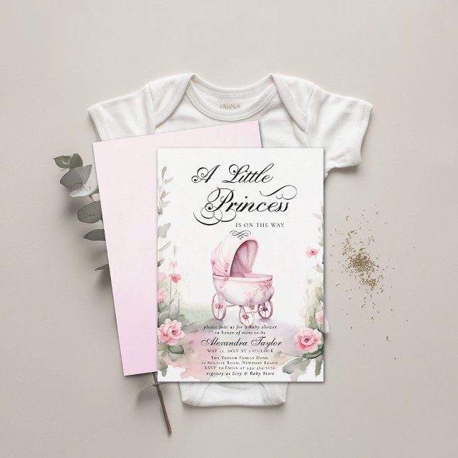 Princess Pram Roses Watercolor Baby Girl Shower Invitation (princess baby shower invitation watercolor floral roses garden pram stroller cute adorable girl)