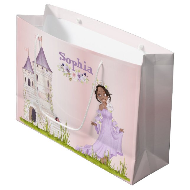 Princess Purple Castle Dark Hair Birthday  Large Gift Bag (Front Angled)
