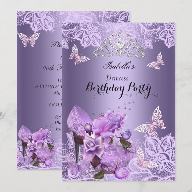 Princess Purple Lilac High Heel Rose Birthday 3 Invitation (Front/Back)