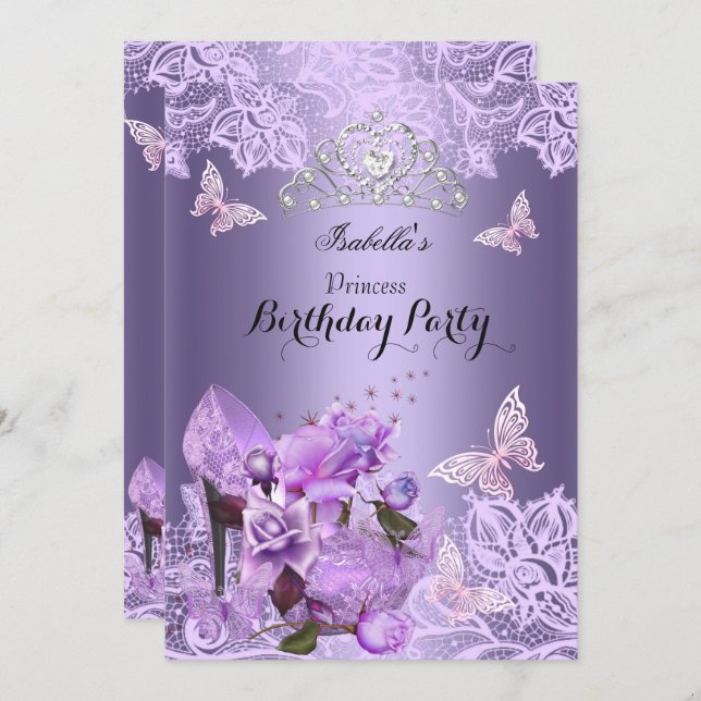 Princess Purple Lilac High Heel Rose Birthday 3 Invitation (Front/Back)