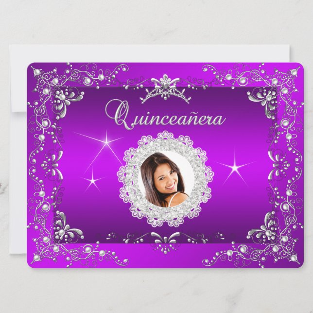 Princess Purple Magenta Quinceanera Silver Tiara Invitation (Front)