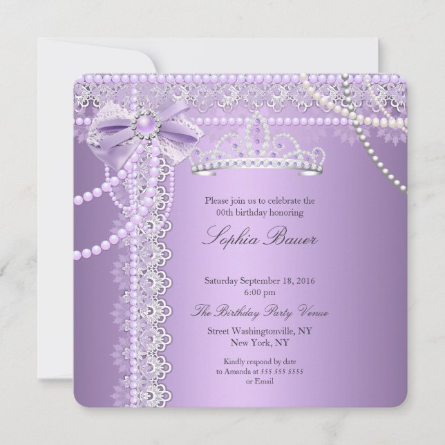 Princess Purple Pearl Bow Lace Birthday Party Invitation (Front)
