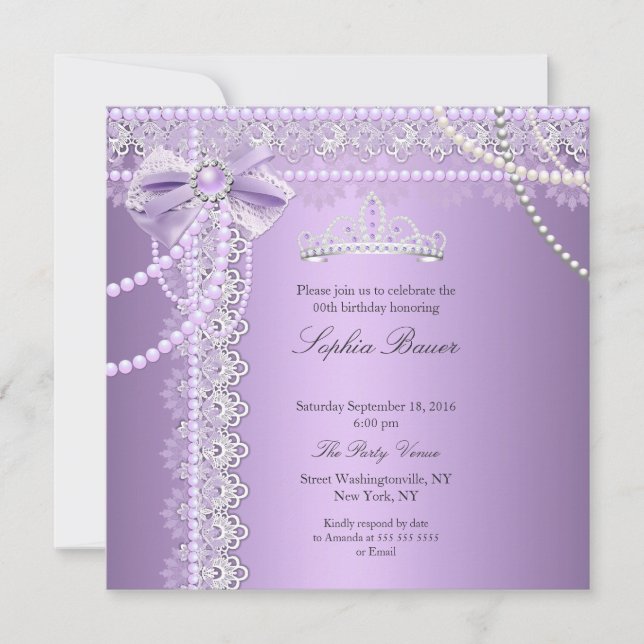 Princess Purple Pearl Bow Lace Birthday Party Invitation (Front)