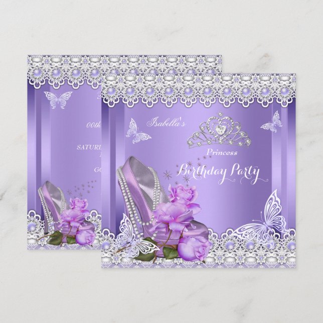 Princess Purple Pearls Rose High Heel Birthday Invitation (Front/Back)