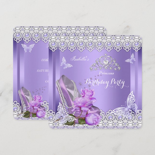 Princess Purple Pearls Rose High Heel Birthday Invitation (Front/Back)