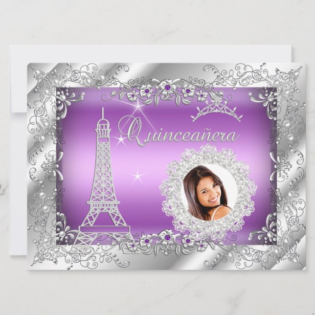 Princess Purple Quinceanera Silver Photo BIG Invitation (Front)