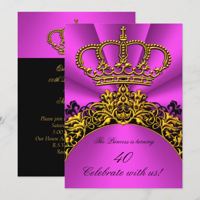 Princess Queen Gold Hot Pink Birthday Party Invitation (Front/Back)
